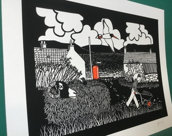 Digital print from a paper cut design featuring  an island scene