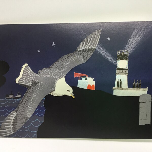 Blank card featuring a bird flying over a lighthouse at night