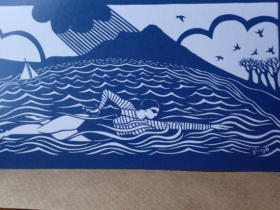 blank card featuring a wild swimmer with a colourful backdrop