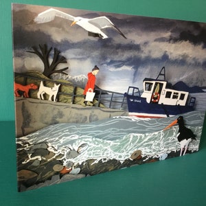 Card featuring a ferry and an Oyster catcher.