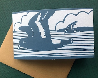 Wrap around hand screen printed card, featuring a Storm Petrel.