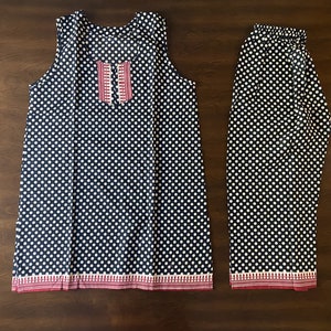 Indian Cotton Pajama Set 2PC Girls Women&#39;s S Size 100% Cotton Handmade Sleepwear Pajama Top with 3/4 Pajama Pants