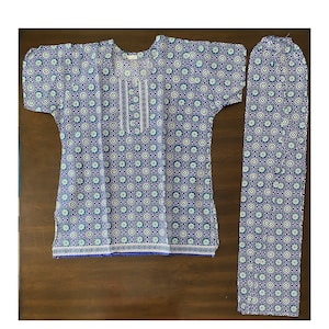 Indian Cotton Large Pajama Set for Women Size 46 Night Dress Blue 2PC Women&#39;s Pure Cotton Sleepwear Pajama Set Top & Long Pajama Pants