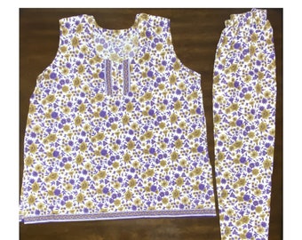 2X Women Plus Size 54" Cotton Pajama Set 2PC Handmade Pure Cotton Sleepwear Sleeveless Top & Long Pajamas Indian Nightwear PJ Set USA Seller