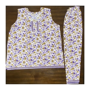 2X Women Plus Size 54&quot; Cotton Pajama Set 2PC Handmade Pure Cotton Sleepwear Sleeveless Top & Long Pajamas Indian Nightwear PJ Set USA Seller