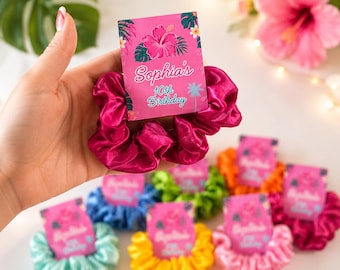Personalized Hawaiian Birthday Scrunchie Favors | Custom Aloha Party Gift for Girls