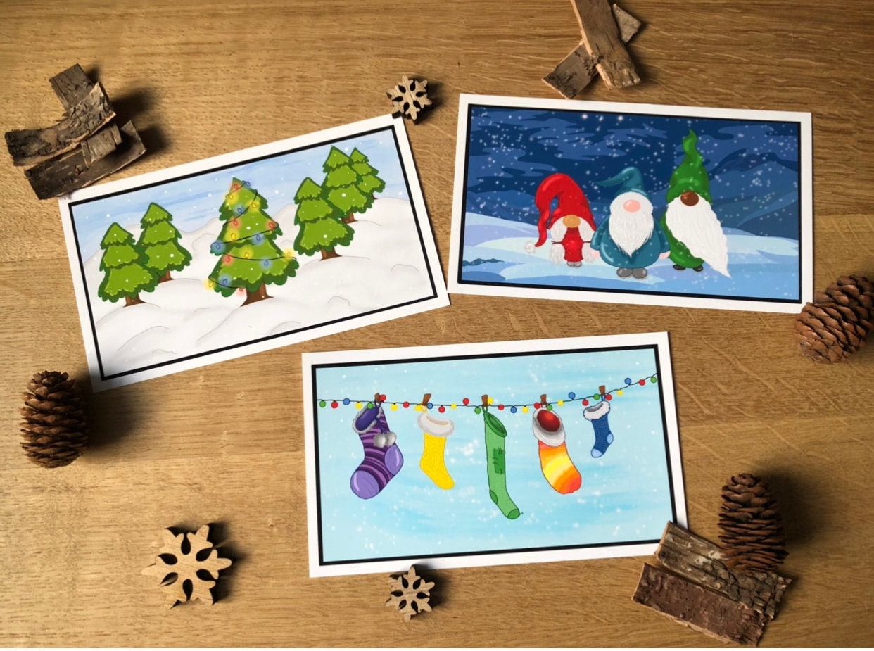 Illustrations Noel Lutins et Pères Noel, Sapin Chaussettes avec Touche de Zentangle Fait Main