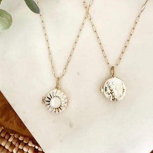 White & Gold Locket Necklace. Flower and Sun Pendant on Adjustable Small Paperclip Chain