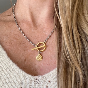 Mixed metal toggle clasp necklace / gold & silver / geometric necklace / box chain necklace / minimalist necklace / handmade modern necklace
