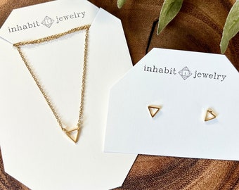 GIFT SET- Tiny triangle jewelry / necklace & earrings set / gold - silver / triangle jewelry / gift for her/ geometric jewelry /easy gifting