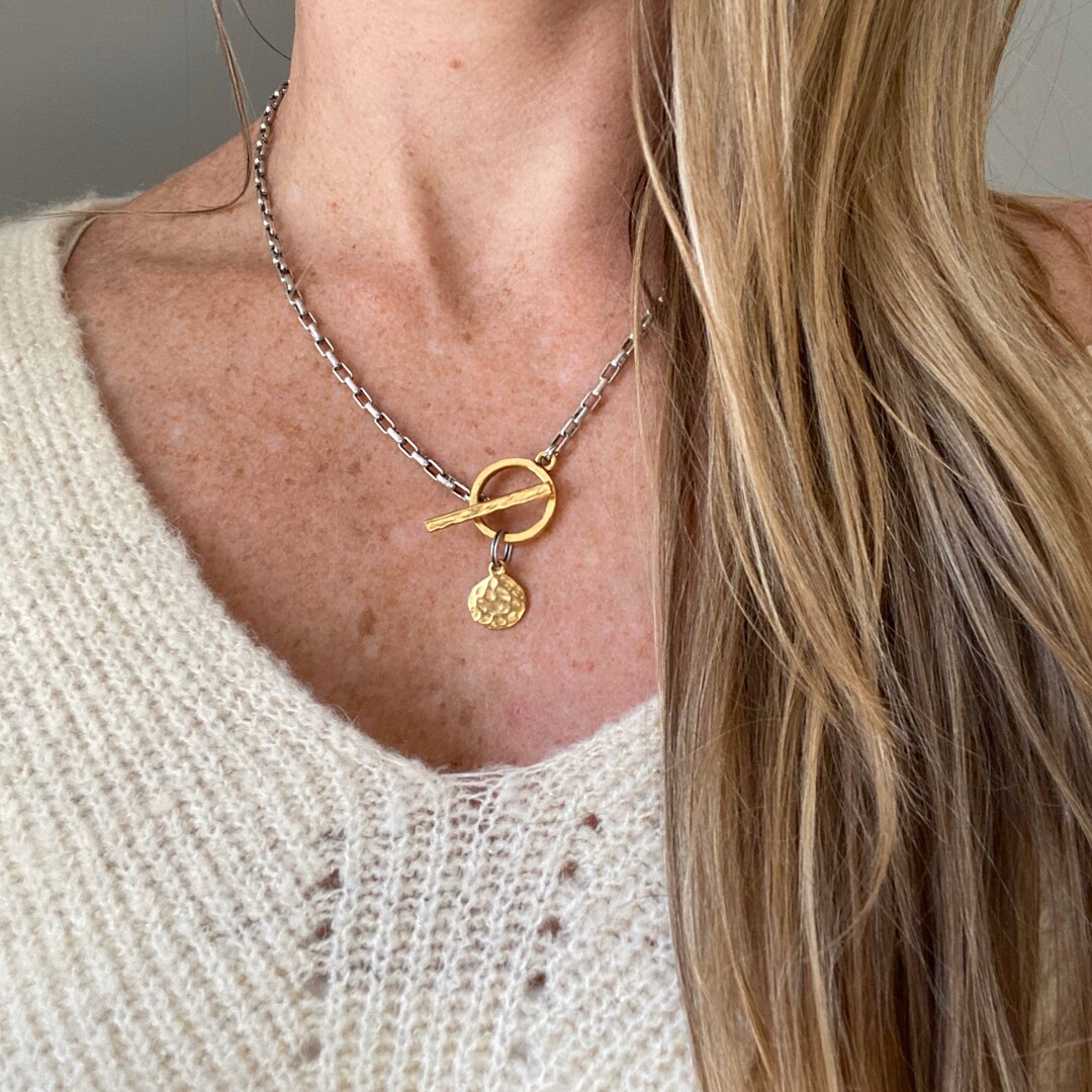 Mixed Metal Toggle Clasp Necklace / Gold & Silver / Geometric Necklace ...