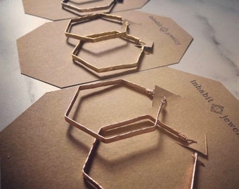 Hexagon hoop earrings / gold - silver - rose gold / hammered earrings / geometric earrings / hoop earrings  / hexagon earrings
