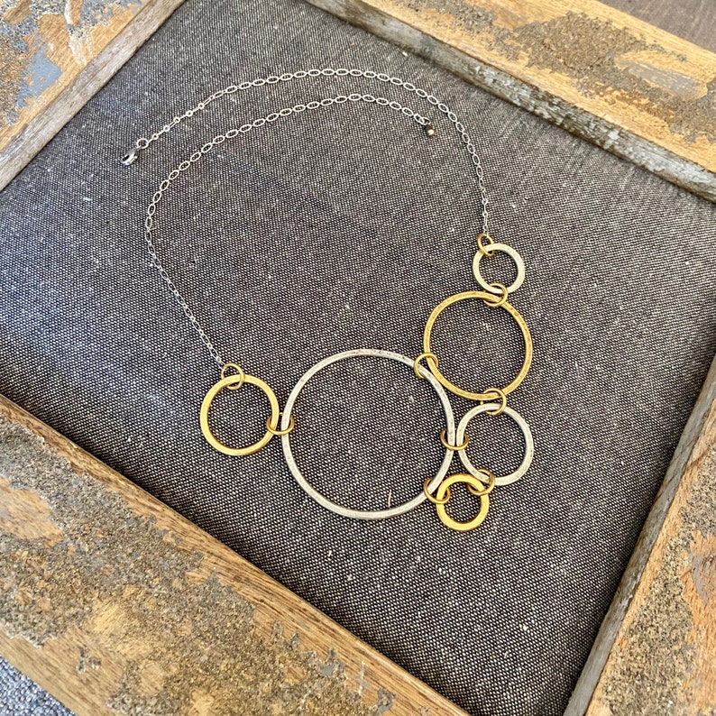 Mixed metal circles bib necklace / gold & silver / geometric necklace / statement necklace / holiday necklace / handmade modern necklace image 2