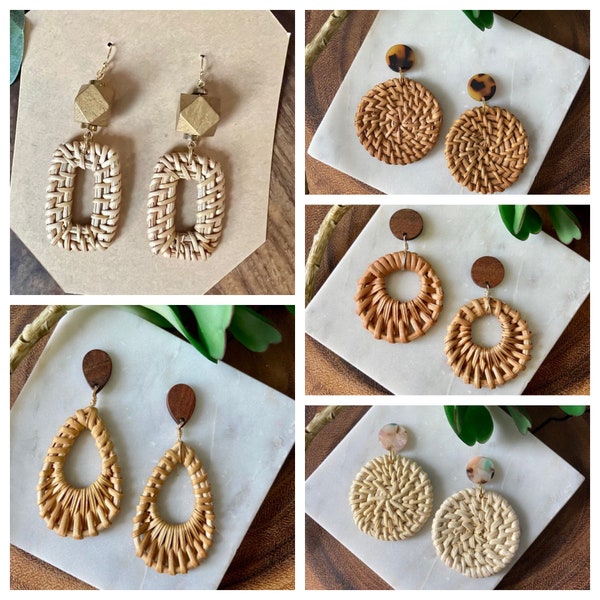 Boucles d'oreilles en rotin / boucles d'oreilles tissées / bijoux géométriques / boucles d'oreilles tendance / boucles d'oreilles en bois / boucles d'oreilles d'été