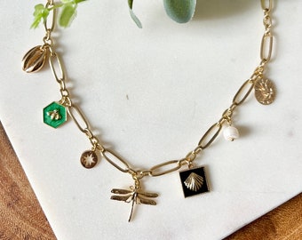 Nature charm necklace / dragonfly necklace / charm jewelry / bee necklace / shell necklace / preppy charm necklace / mismatched necklace