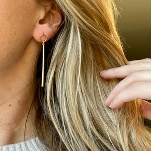 Sleek bar drop earring / gold earrings / circle stud & long bar earrings / modern earrings / classy earrings / elegant earrings