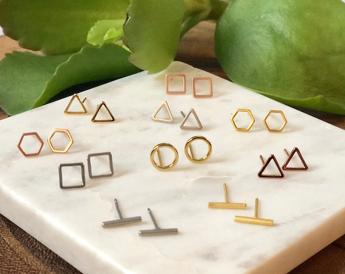 Geometric Stud Earrings, Minimalist Gold, Silver, Rose Gold Plated Brass