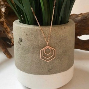 May include: A rose gold necklace with a geometric pendant featuring three concentric hexagons.