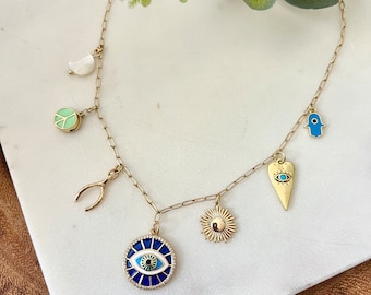 Collar con dije de mal de ojo / collar espiritual / joyería con dije / collar de paz / collar de corazón / collar con dije de luna / collar desparejado