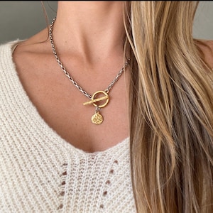 Mixed Metal Toggle Clasp Necklace - Gold & Silver. Box Chain with hammered toggle and charm.