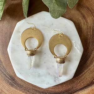 Crescent quartz earrings / gold & quartz earrings / moon earrings / celestial earrings / boho earrings / squash blossom earrings