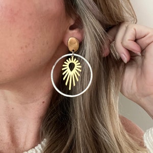 Mixed metal starburst earrings / gold - silver earriings / large circle earrings / geometric earrings / organic earrings / boho jewelry