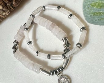 Armband med rosenkvarts-pärlor / stretcharmband / armbandsset / armband med silverpärlor / armband med heshi-pärlor / armband med kvartsstenspärlor