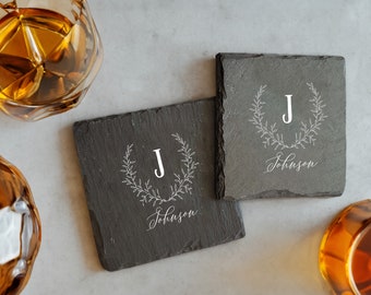 Set of 4 Drink Coasters, Engraved Coasters, Gifts for a Couple, Monogram Coasters