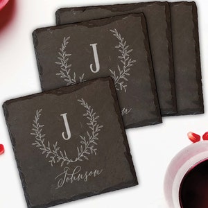 Black Stone Coasters, Engraved Slate Coasters, Family Name Coasters