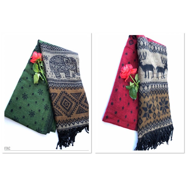Wool shawl, Yak wool Blanket Shawl, Raindeer and Snowflake Printed shawl/Scarf, Elephant  Shawl, Double Sided Scarf, Gift for Christmas,