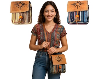 Handmade Organic Cotton Crossbody Bag – Leather Sunburst Flap, Boho Purse
