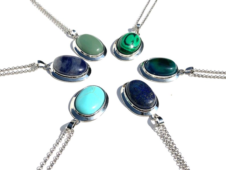 Lapis silver plated pendant Turquoise Oval pendant Necklace Malachte SodaliteAgate Aventurine Pendant NecklaceGemstone silver pendant