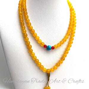 Prayer Beads, Tibetan Mala Beads Necklace – 108 Beads Natural Topaz, Turquoise & Red Jade – Buddhist Prayer Beads for Meditation and Yoga