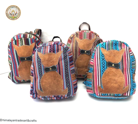 big face cat Ethnic Embroidery Hemp Material Backpack Womens Small Bag Embroidery Backpack,Brown,Free Size