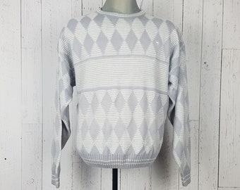 Vintage 80s White & Gray Argyle Pattern Sweater Men's Large Arnold Palmer Diamond Unisex Crewneck Pullover Jumper Boyfriend Grandpa Shirt