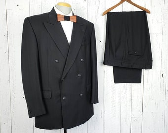Vintage 80s Double Breasted Suit Black 46L 46 Long Tall Jacket Blazer 42x30.5 Pleated Trousers Pants Retro Wedding Prom Formal Menswear