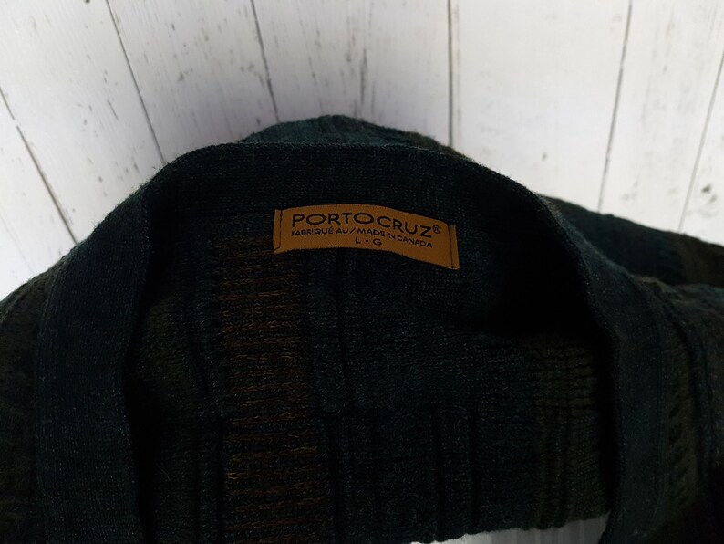 Vintage 80s Cardigan Sweater Men/'s Large Green Brown Stripes Preppy Front Pockets Button Up Grandpa Boyfriend Shirt Unisex Cozy Winter Wear