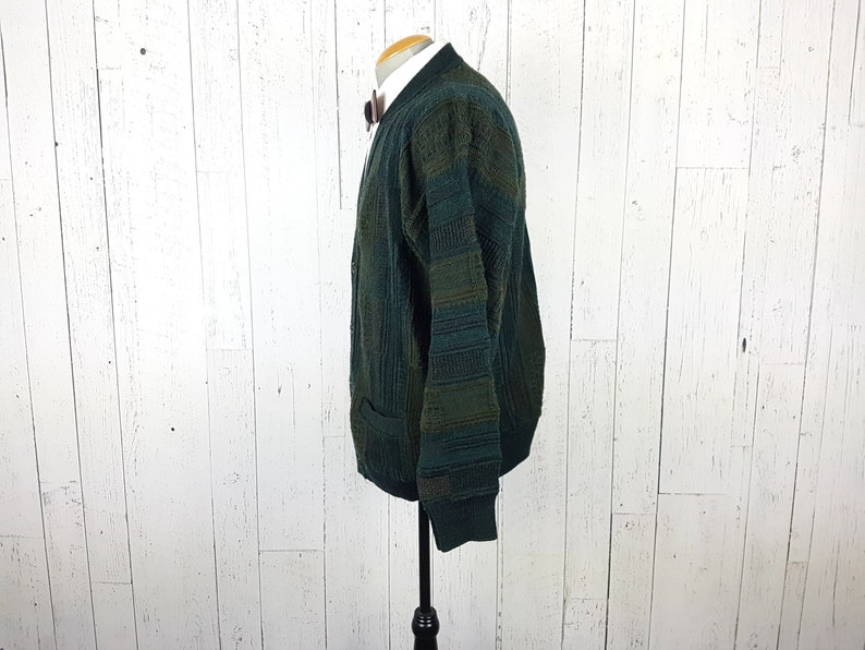 Vintage 80s Cardigan Sweater Men/'s Large Green Brown Stripes Preppy Front Pockets Button Up Grandpa Boyfriend Shirt Unisex Cozy Winter Wear
