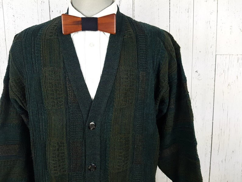 Vintage 80s Cardigan Sweater Men/'s Large Green Brown Stripes Preppy Front Pockets Button Up Grandpa Boyfriend Shirt Unisex Cozy Winter Wear