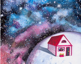 Little House on a Little Moon - Painting Original Art Fantasy Surreal Space Moon Stars Nebulae