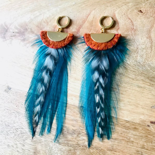 Boucles d'oreille plume et textile