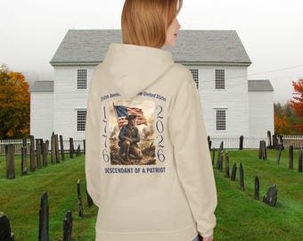 America 250th Anniversary Hoodie - 1776-2026 Patriotic Sweatshirt - Revolutionary Soldier & Betsy Ross Flag