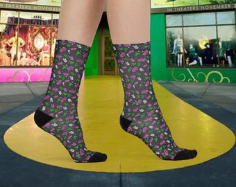 Wicked Crew Socks, Pink and Green, Witch Brooms, Crowns and Ws