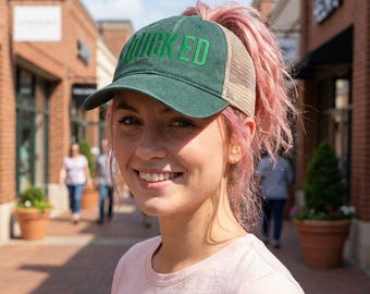 Wicked Washed Mesh-Back Cap with Concealed Ponytail Opening - Gift for Broadway Loving Moms