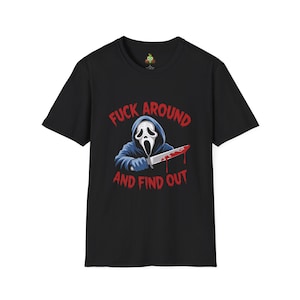 Camiseta FAFO Ghostface Softstyle, perfeita para festas de Halloween, passeios no feno, labirintos de milho, paintball zumbi e casas mal-assombradas