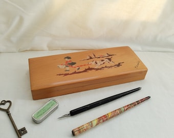 ancien plumier bois peint boîte à crayons écolier vintage