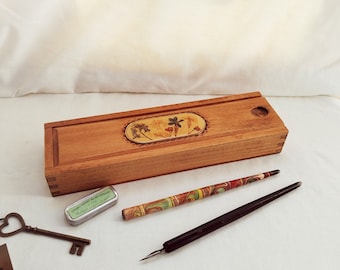 ancien plumier bois décor floral boîte à crayons écolier vintage