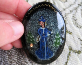 Vintage Russian Lacquer Hand Painted Oval Brooch with Woman in Blue Fur Dress in Wintry Forest Among Pine Trees, Black, Signed  #413