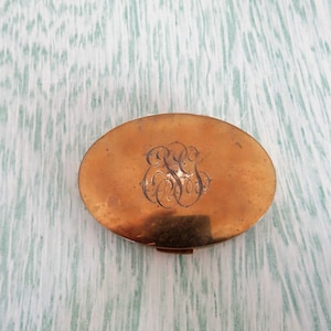 Vintage Monogrammed Mary Dunhill Powder Compact with Brassy Exterior, Mirror and Powder Pad Inside, Oval, Collectible, Old Fashioned #595