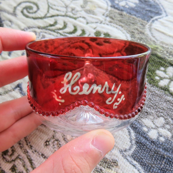 Vintage 'Henry' Cup with Red and Clear Pressed Glass and little Dotted Border, Shallow, Tiny Handle, Star Pattern on Bottom   #352